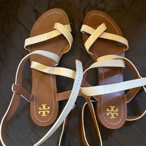 Tory Burch ankle wrap sandals. GUC. Womens size 10, cream/white